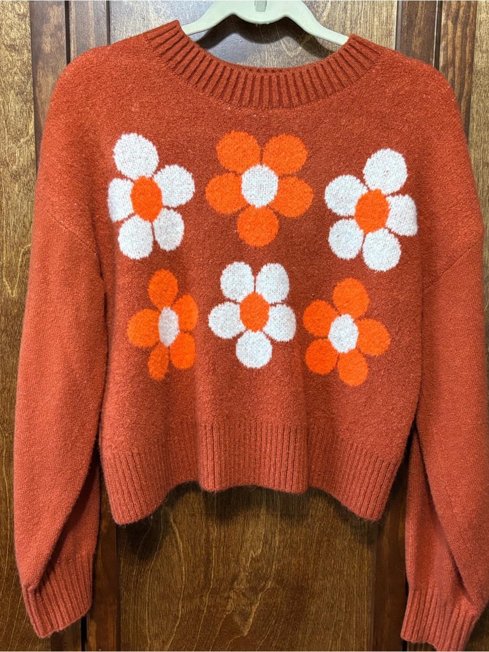 Francesca's Collections Rust Floral Crewneck Sweater with Orange & White Flowers